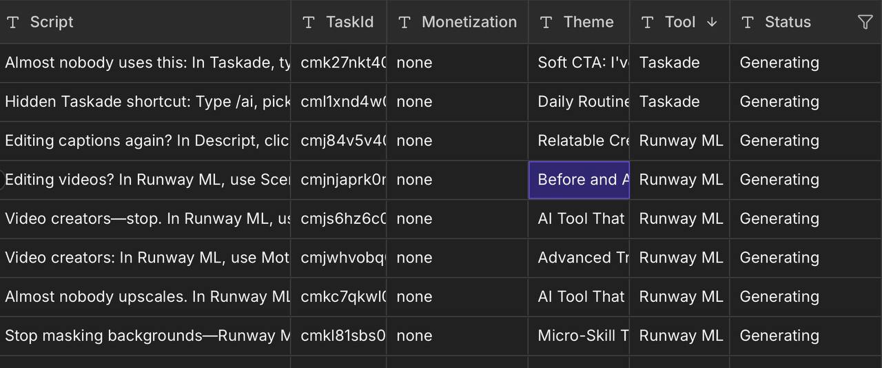 Video automation script video table